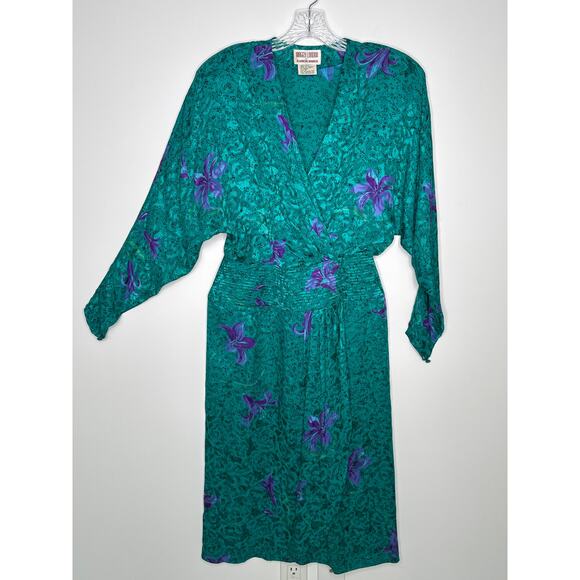 Vintage Maggy London by Jeannene Booher 80s Teal Silk Floral Midi Dress medium - Picture 15 of 17
